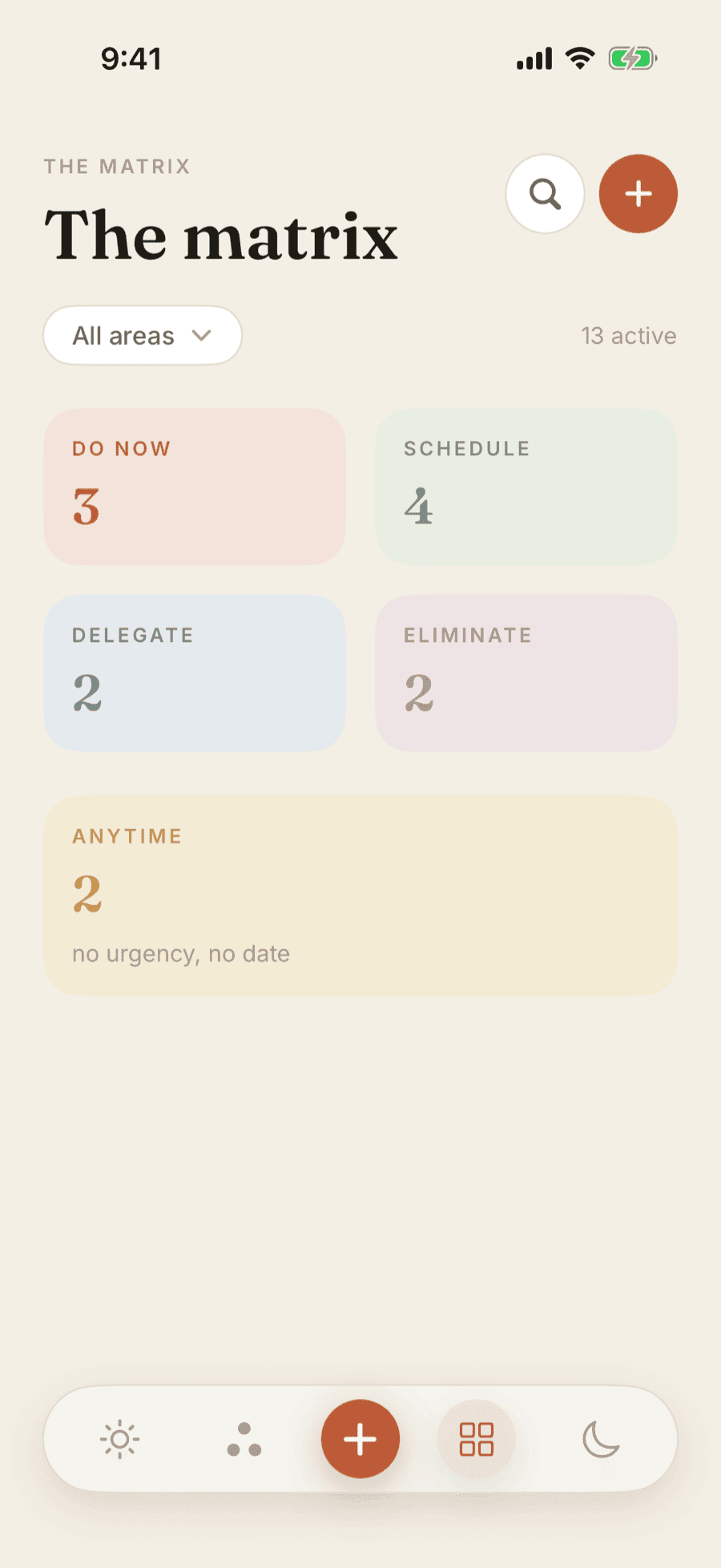 The matrix screen: five quadrant cards — Do Now, Schedule, Delegate, Eliminate and Anytime — each showing how many tasks are sitting in it, with an area filter above.