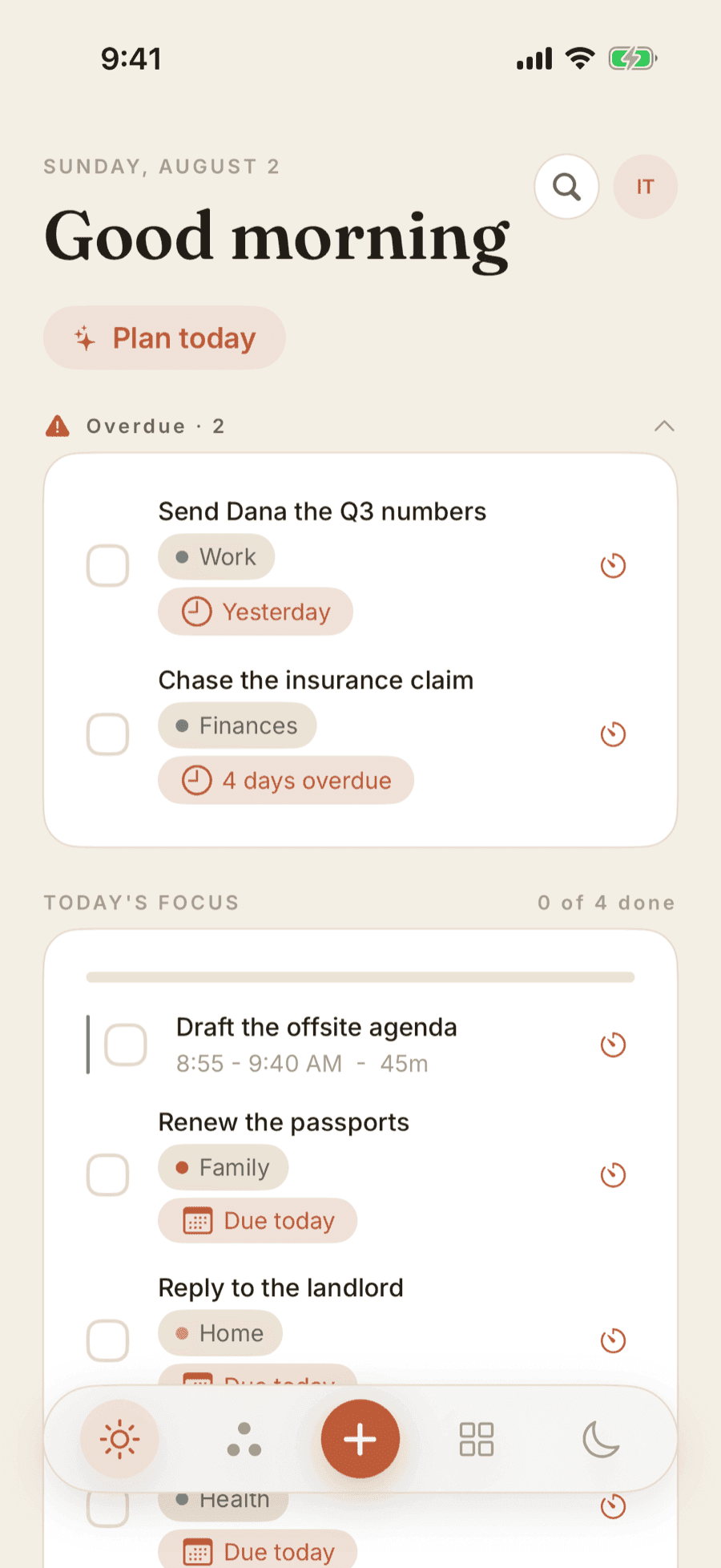 The Today screen, with two overdue tasks expanded above Today's Focus. Each row carries its area and how far past due it is; the focus list below shows what the day is actually for.