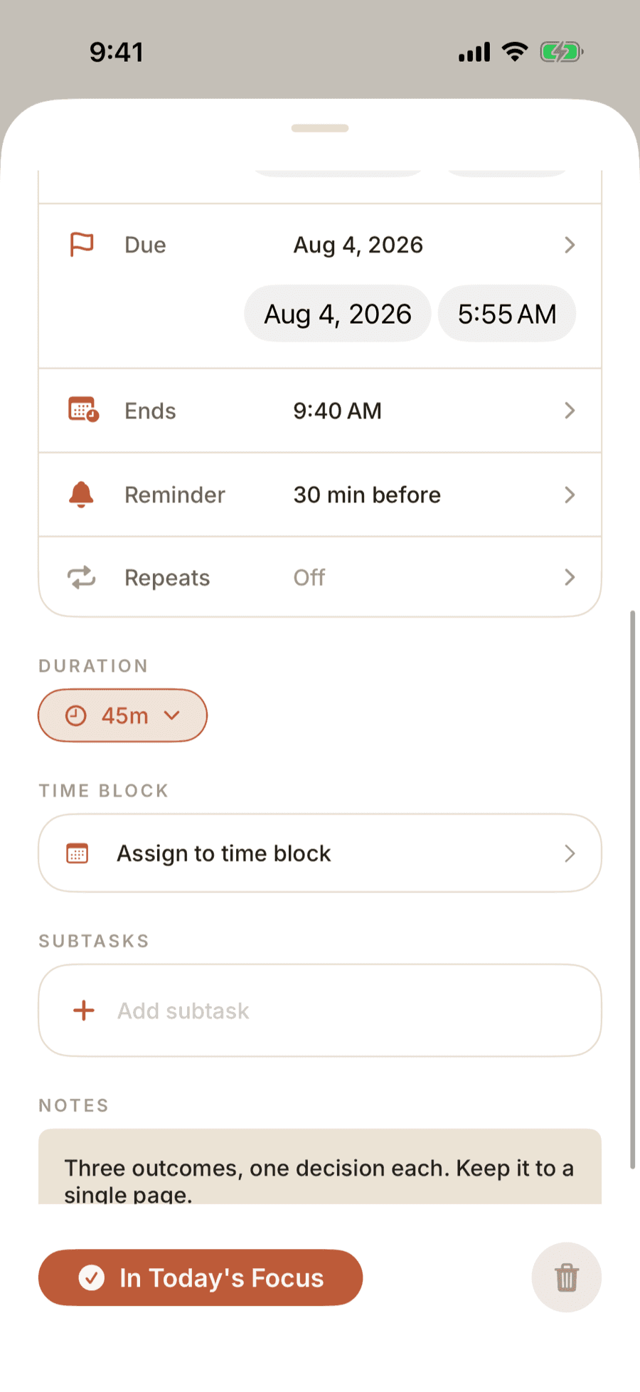 A task opened in detail, showing its due date, end time, a reminder set for thirty minutes before, a repeat rule, a forty five minute estimate, and a note.