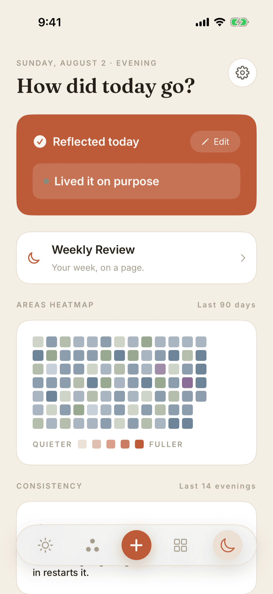 The Reflect screen: tonight's reflection answered, a weekly review card, and ninety days of activity drawn as a grid of small squares, each tinted by the area of life that day's time went to.
