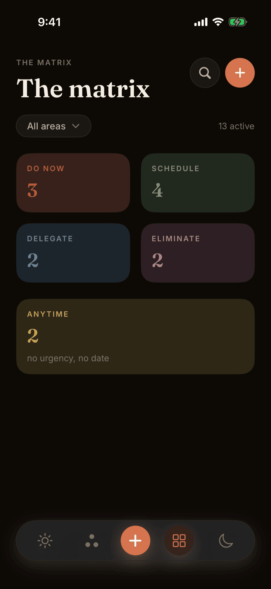 The same matrix screen in dark mode, with the quadrant cards rendered as deep tinted panels against near black.
