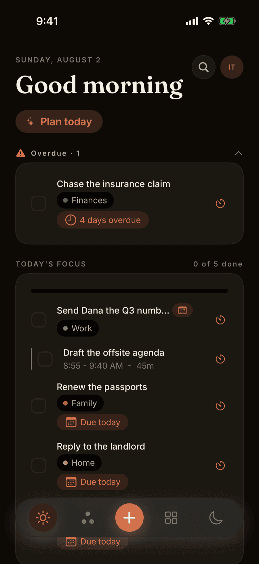 The Today screen in dark mode, the overdue and focus lists picked out in warm accent tones against near black.